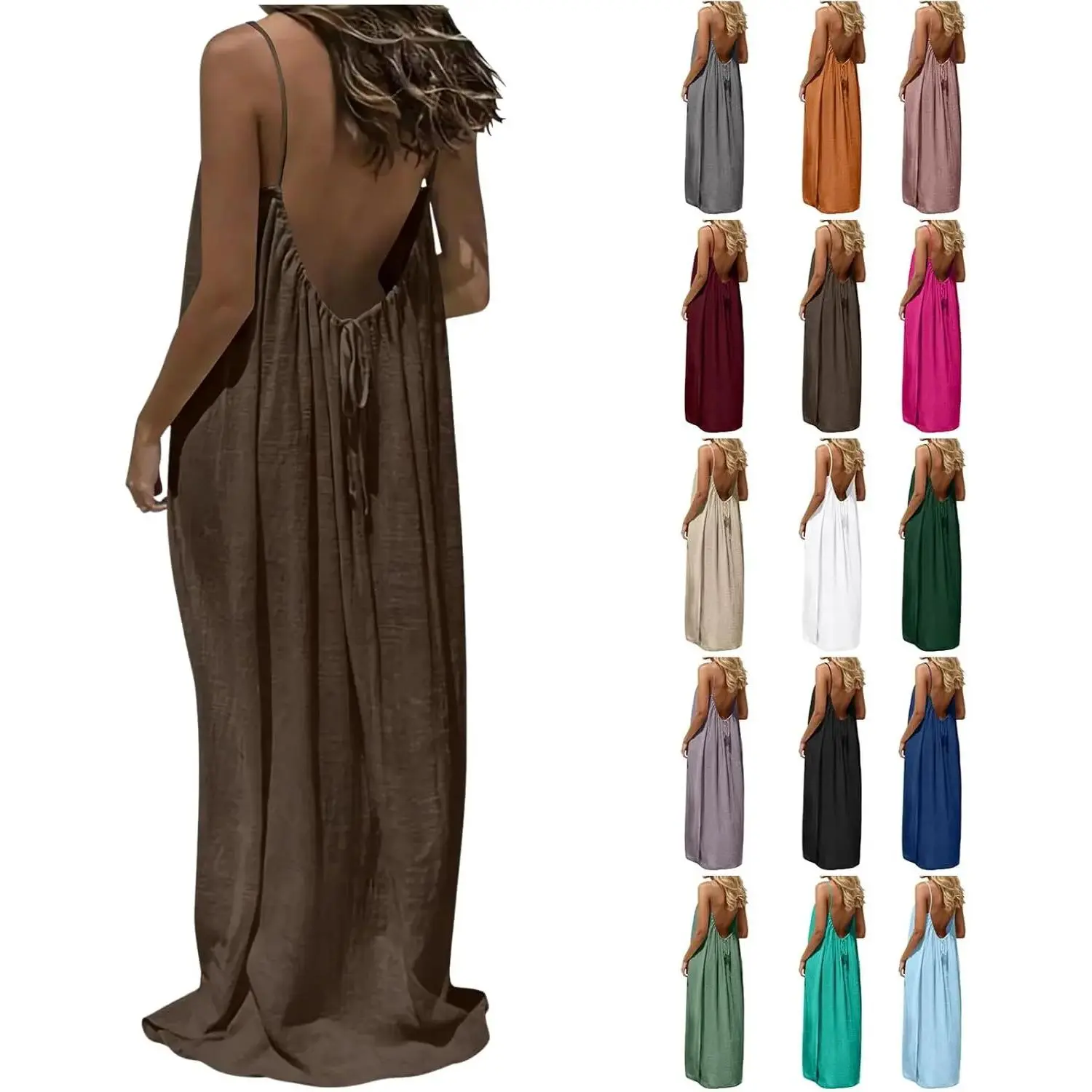 Women's Sleeveless Plain Pleated A-Line Maxi Cami Nightgown - Backless Adjustable Tie-Back Nightwear, Breathable Lightweight Chic Elegant Loungewear for Summer Vacation