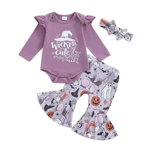 REDWOON Newborn Baby Girl Halloween Outfits Ghost Long Sleeve Romper Pumpkin Print Flare Pants Headband 3Pcs Clothes Sets