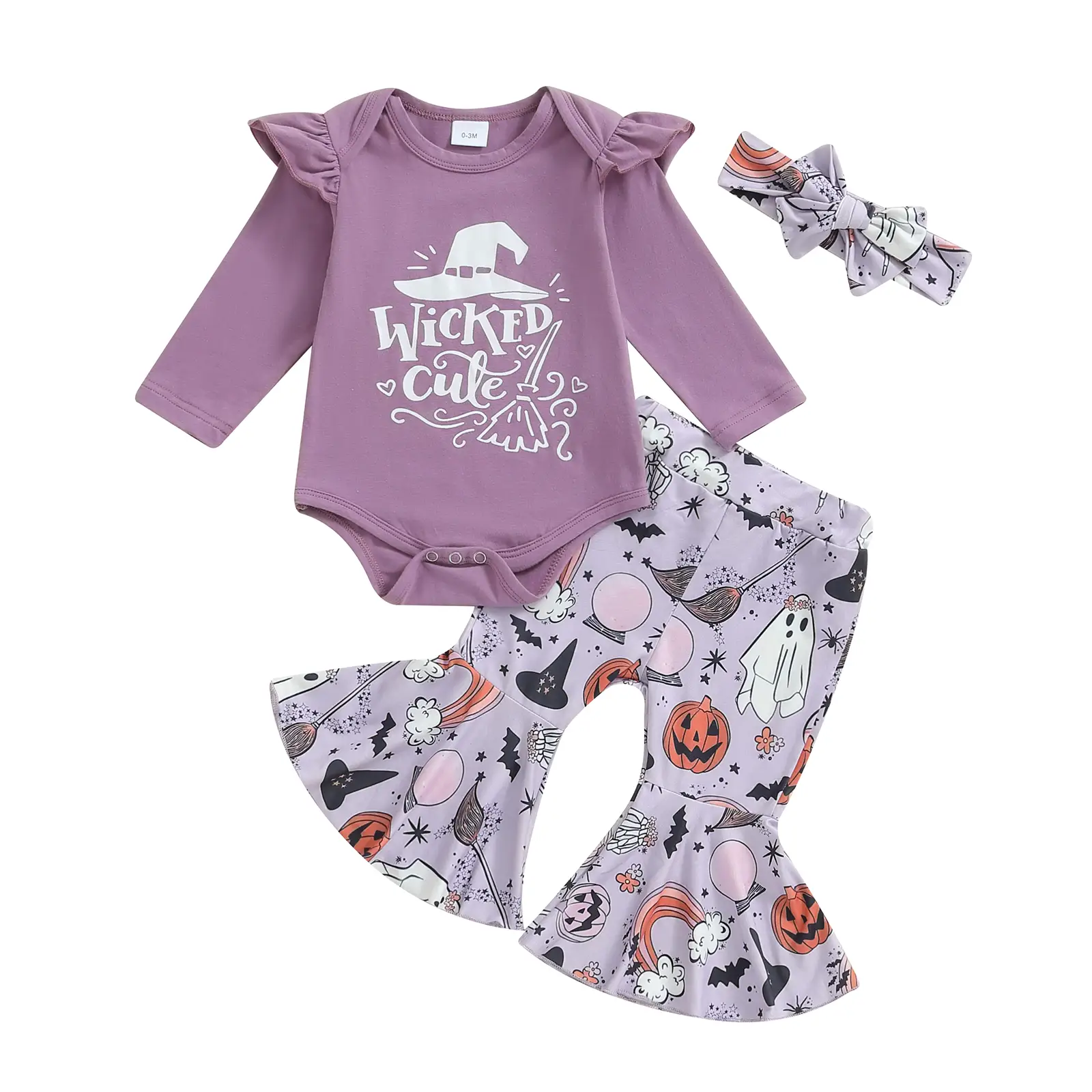 REDWOON Newborn Baby Girl Halloween Outfits Ghost Long Sleeve Romper Pumpkin Print Flare Pants Headband 3Pcs Clothes Sets