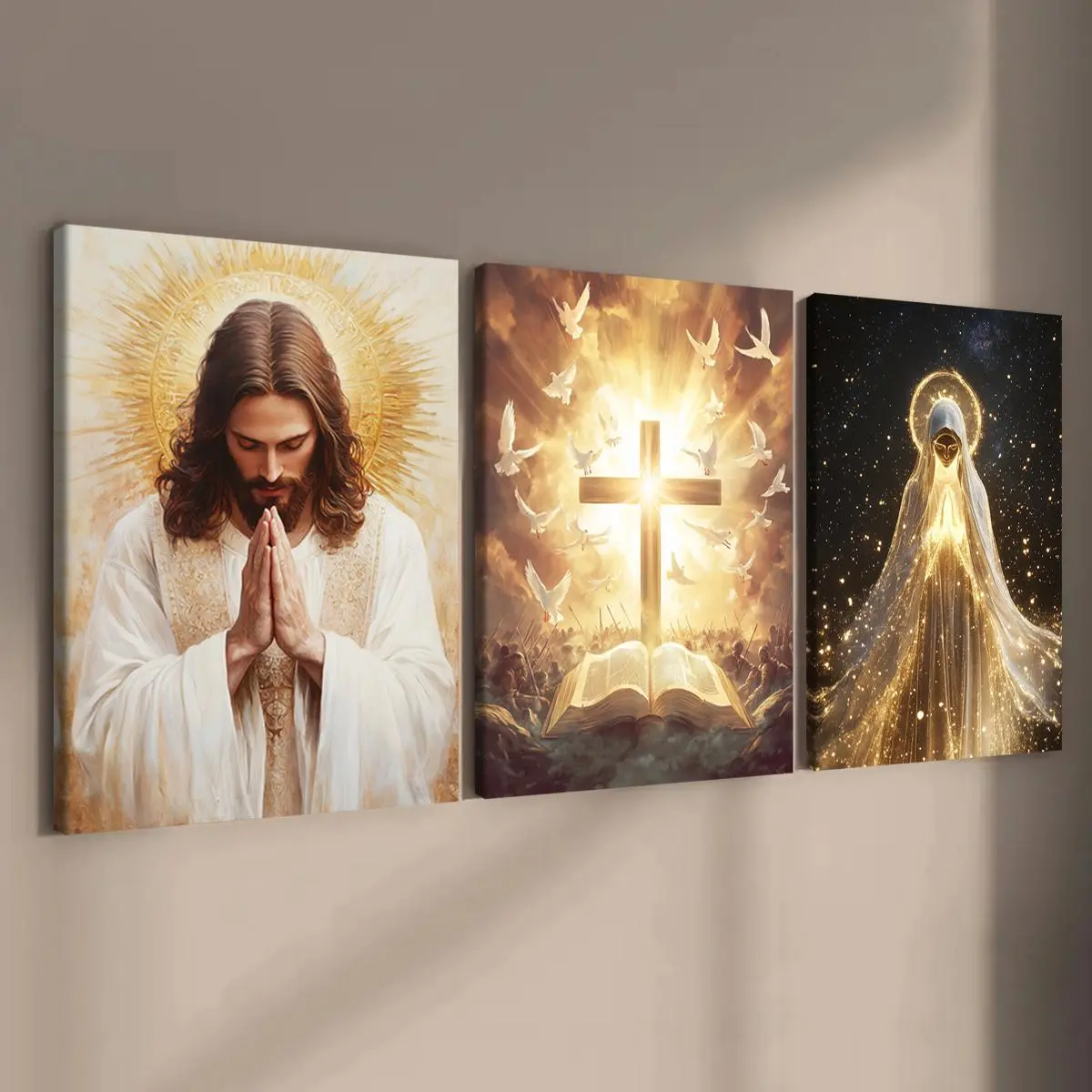 Jesus Christ Pattern Canvas Painting Framed, Canvas Prints, 3 Counts/set Religious Art Decor, Wall Art Decor for Home Living Room Bedroom Office, Wooden Wall Art, Ornaments, Decoration Items