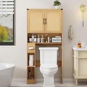 Vabches Over The Toilet Storage Cabinet, Farmhouse Rattan Storage Cabinet Over Toilet with 2 Rattan Barn Doors & Home Space-Saving Toilet Rack, for Bathroom, Restroom, Laundry