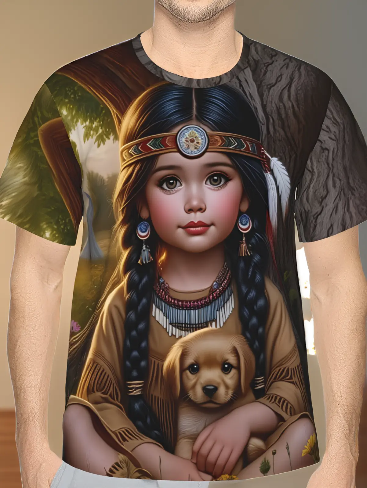 Men's 3D All Over Print Streetwear T-Shirt - Adult Drop Shoulder Polyester Breathable Short Sleeve, Detailed Painterly Girl with Braids & Puppy Under Tree Print, Geometric Headband Teepee Background, for Daily Wear, S-XXXXL, All Seasons, Machine Washable,