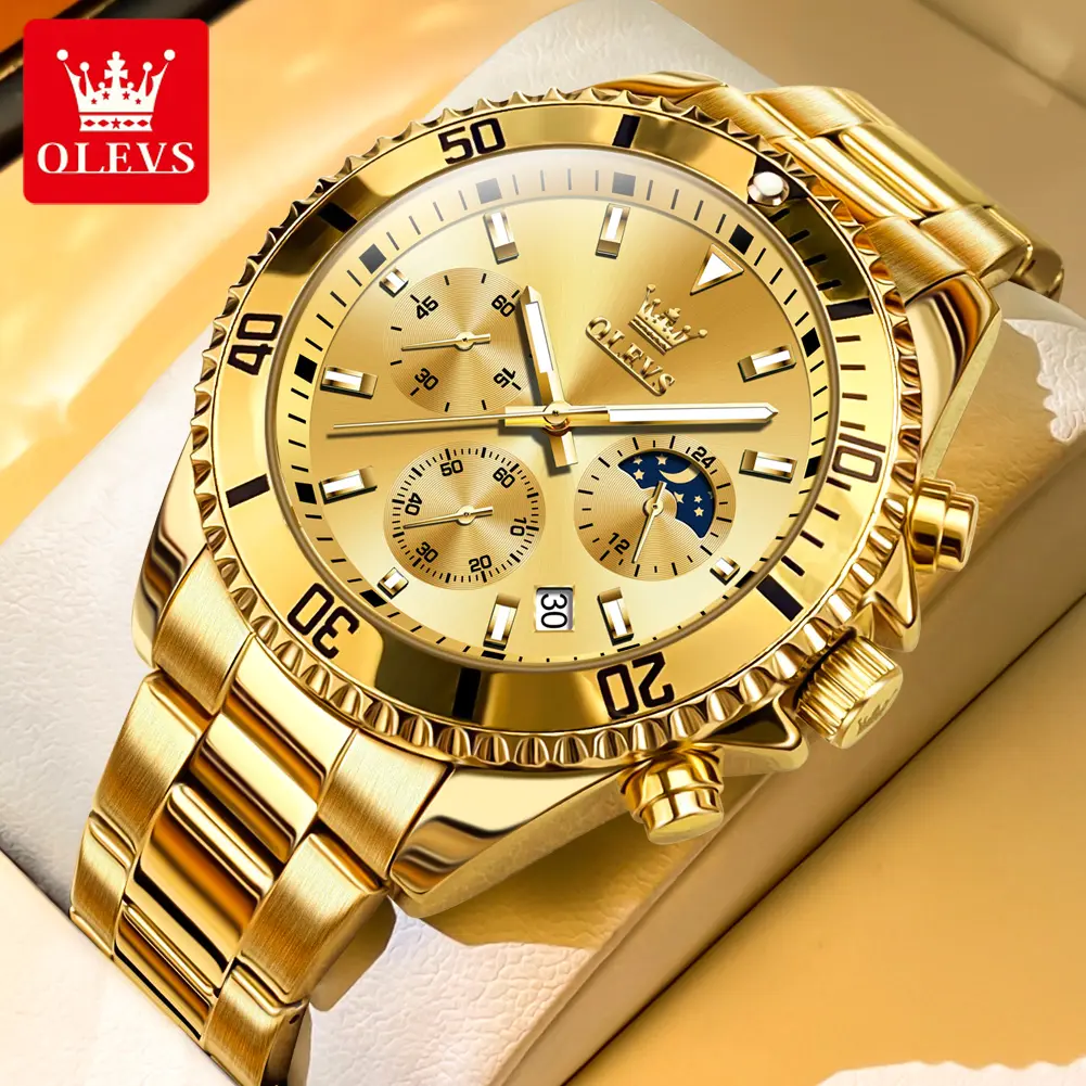 OLEVS Mens Watches Chronograph Luxury Dress Moon Phase Quartz Stainless Steel Waterproof Luminous Business Calendar Wrist Watch