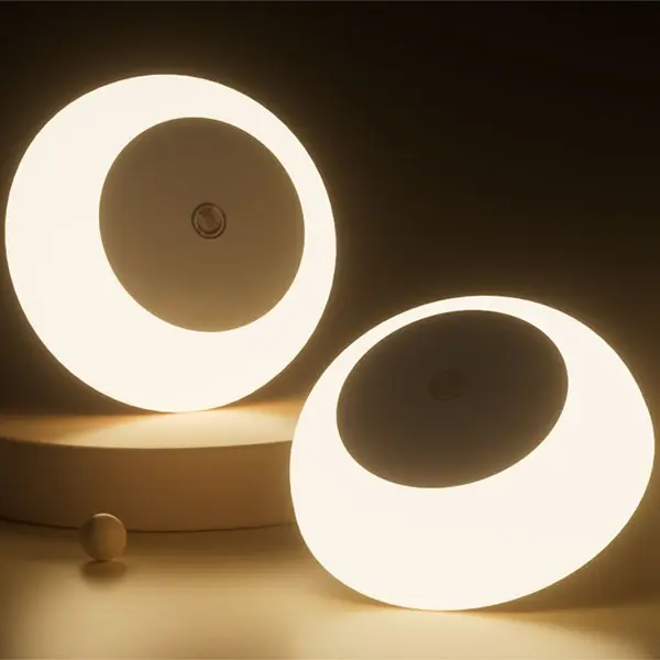 2-Pack Modern Round Dusk-to-Dawn Sensor Wall Plug-in Night Lights, 0.5W Warm White LED Ambient Lighting for Bedroom, Bathroom
