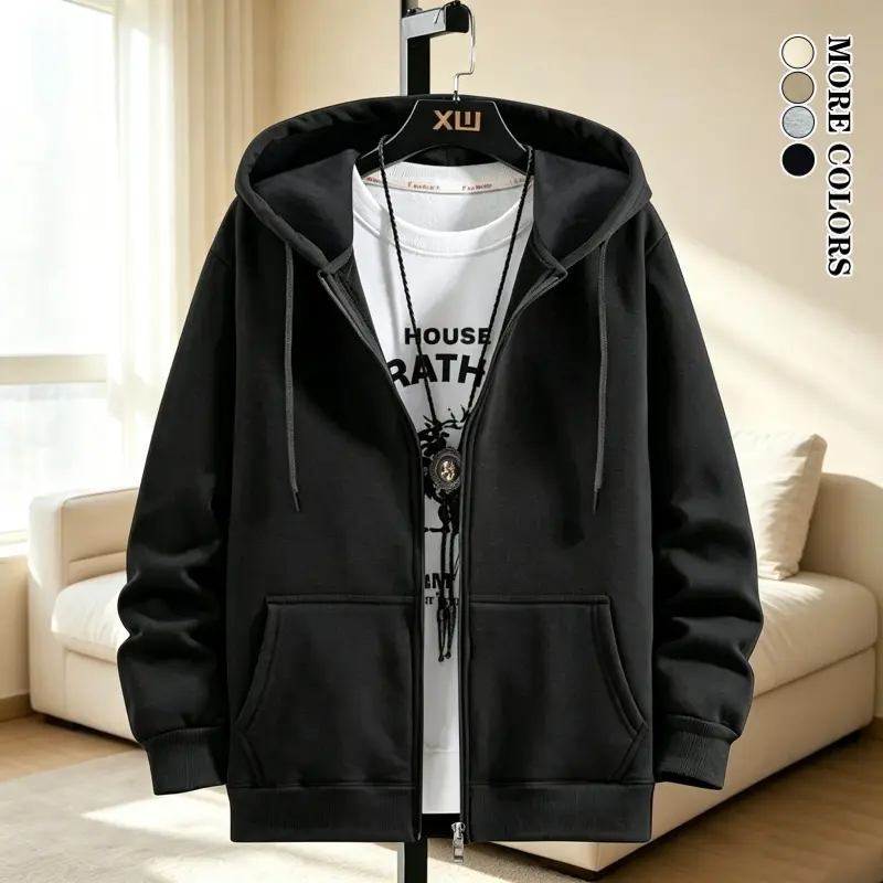 Men's Solid-Color Long-Sleeve Hoodie - Menswear Sweatshirts with Drawstring, Kangaroo Pocket, Regular Fit, Suitable for Sports, Casual Wear, Outdoor Activities