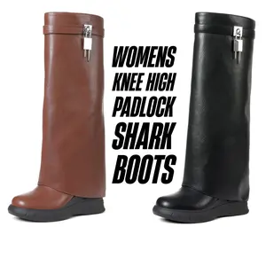 Womens Knee High Boots Wedge Heels Rounded Toe Padlock Shark Boot Pull On Comfy Working Party Casual Outing Fall Winter Fold Over Shoes