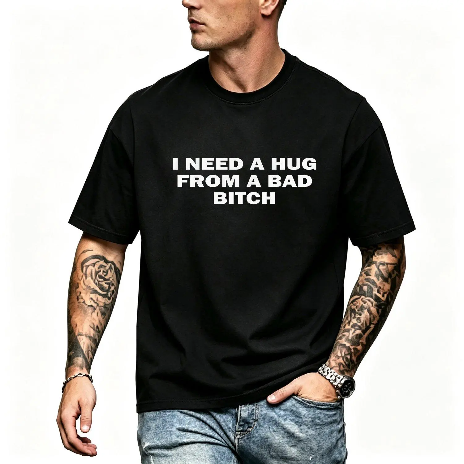 Male Short-Sleeve Sports Fitness T-Shirt - Funny Meme "I Need A Hug From A Bad B*tch" Print, Soft Cotton Fabric, Casual Wear, Multi-Size Athletic Top