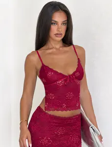 KIRRA BEADED SEQUIN LACE TOP - RED