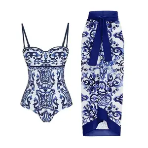 Women's Blue Porcelain Print Underwire TWO-Piece Swimsuit with Sarong Cover Up - 2 Piece Bathing Suit Set for Beach & Vacation