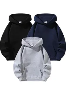 Men’s Minimalist Long-Sleeves Heavyweight Fleece Hoodie, Regular Fit Soft Breathable Polyester Pullover, Plain Menswear for Sports & Everyday Wear, Durable Stylish Machine-Washable Casual Outdoor Urban Streetwear, Gray/Black/Blue