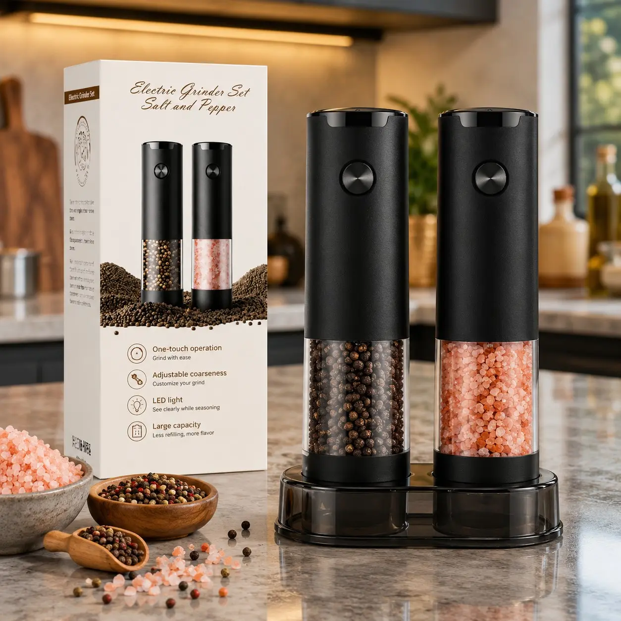 Electric Salt and Pepper Grinder Set, Automatic Battery Operated Pepper Mill & Salt Grinder, Adjustable Coarseness, Large Capacity with LED Light, Spice Grinder Set for Kitchen, Cooking, BBQ & Gift for Men and Women