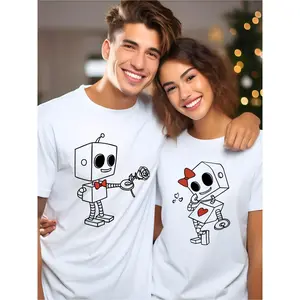 1pc of Coordinating T-Shirts for Couples, Perfect for Valentine'S Day Or Anniversary Gifts, Featuring a Robot Design. Stylish And Casual, These Loose-Fitting Tees Have a Round Neck And Short Sleeves, Ideal for a Sci-Fi Theme Or Holiday Present