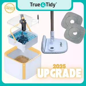 New True & Tidy Spin-11 Pro Mop And Bucket System With Removable Bucket -Two Reusable Mop Pads and Built In Brush Cleaning Microfiber