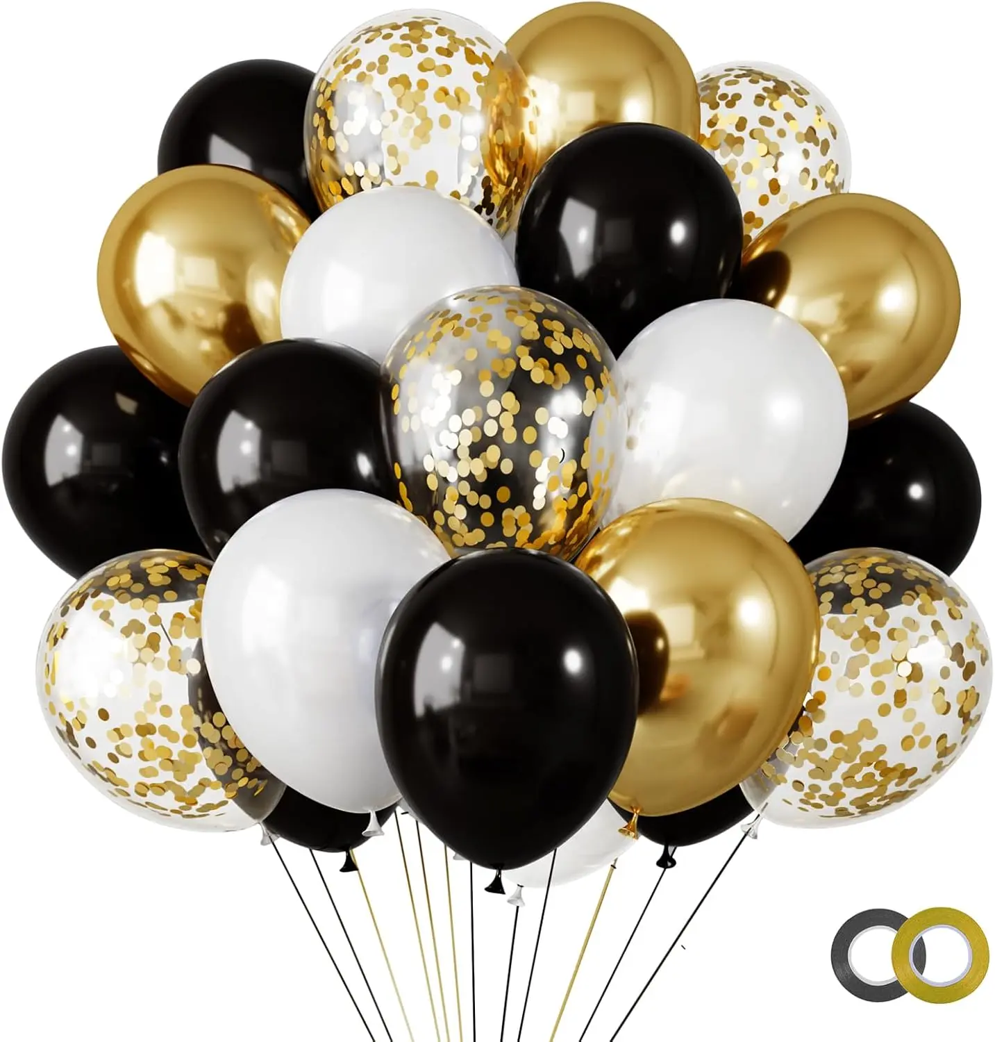 65 count 12 Inches Black  Confetti Balloons Kit, Metallic  and Black White Party Balloons with Ribbons for Birthday, Wedding,  Shower, Graduation, Happy  Year Decorations