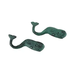 Set of 2 Verdigris Finish Sperm Whale Cast Iron Wall Hooks