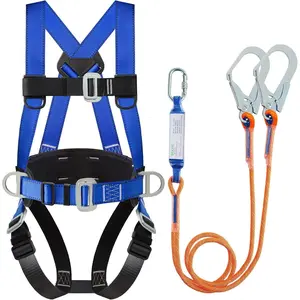 5000LBS Capacity Full Body Safety Harness Fall Protection Kit with Shock Absorbing Lanyard, Construction Roofing Harness with Back D-Ring, Adjustable Blue Safety Gear Compliant