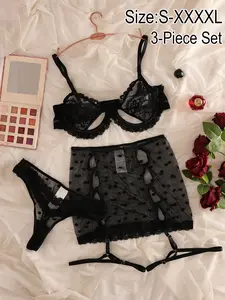 Women's Lingerie Set 3-Piece Lace Outfit, Sexy Breathable Lace Underwear with Steel Ring, Half-Sleeve Hollow Out Skirt, Romantic Holiday Gift