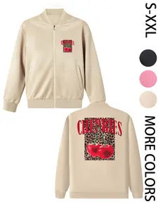 Women's American Street Style Hoodless Bomber Jacket with "CHERRIES" Print, Lightweight Zip-Up Jacket, American Street Style Print Design, Perfect for All Seasons, Casual & Street Style