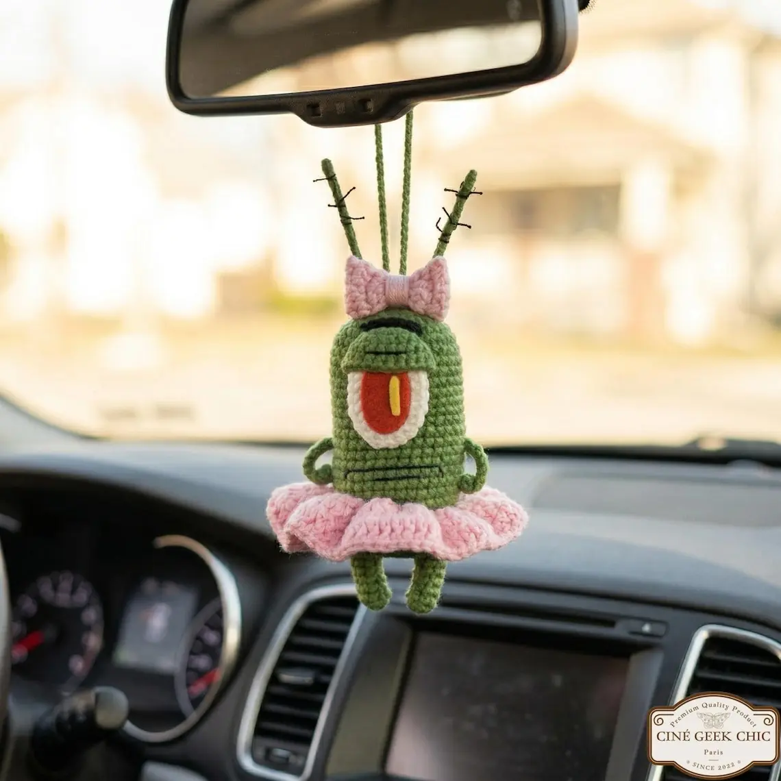 Plankton Crochet Car Hanging, Handmade Plankton Amigurumi Doll, Pink Tutu Bow Car Mirror Decor, Cute SpongeBob Character Ornament, Gift
