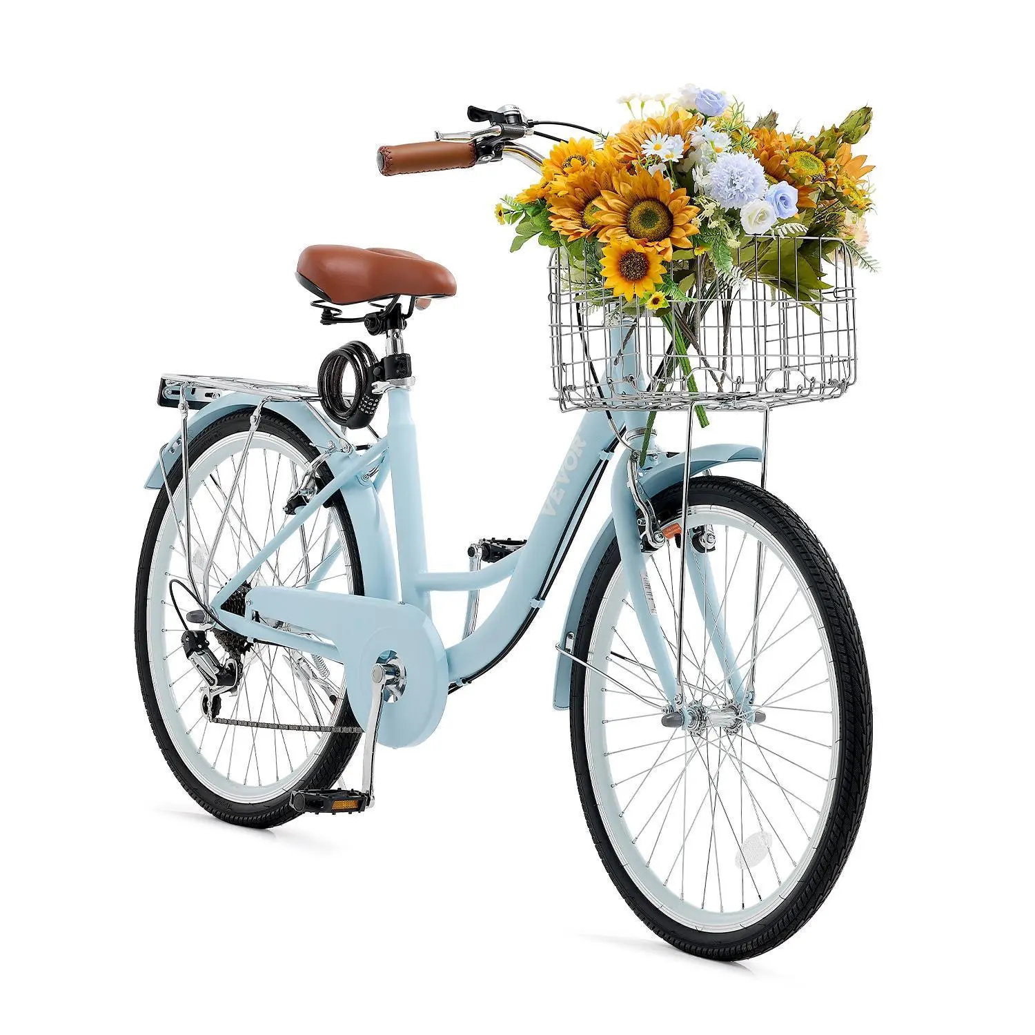 VEVOR 26-Inch Steel Cruiser Bike, 7-Speed Light Blue Casual Bike with Lock, Basket Carry, Accessories, Multi-Size Option for Beach & City Rides#BackToSchool
