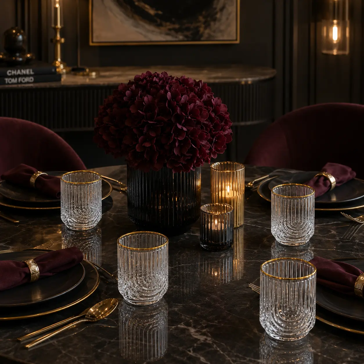 Premium Glass Ribbed Tumblers | 13oz Cocktail Glassware with Gold Accents Premium Set of 4