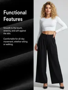 Women's Solid Color Plicated Pocket Wide Leg Pants, Elegant Zipper Fly Trousers for Work Office Business, Ladies Spring & Fall Clothes