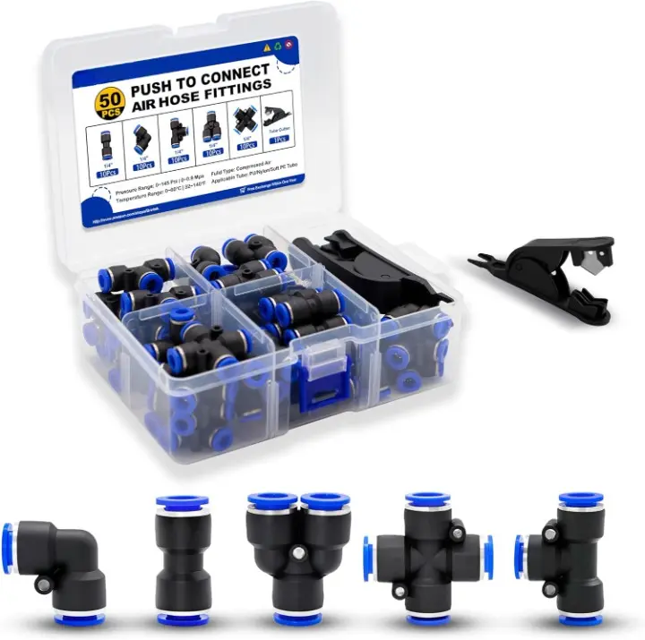 50 Pieces Quick-Connect Air Hose Pipe Fittings Kit, Universal Thread Leak-Resistant Fittings, 1/4 Inch 6mm OD Push-to-Connect Fittings Pneumatic Fittings, 10 Spliters+10 Elbows+10 Tee+10 Straight+10 Cross with 1PCS Tube Cutter