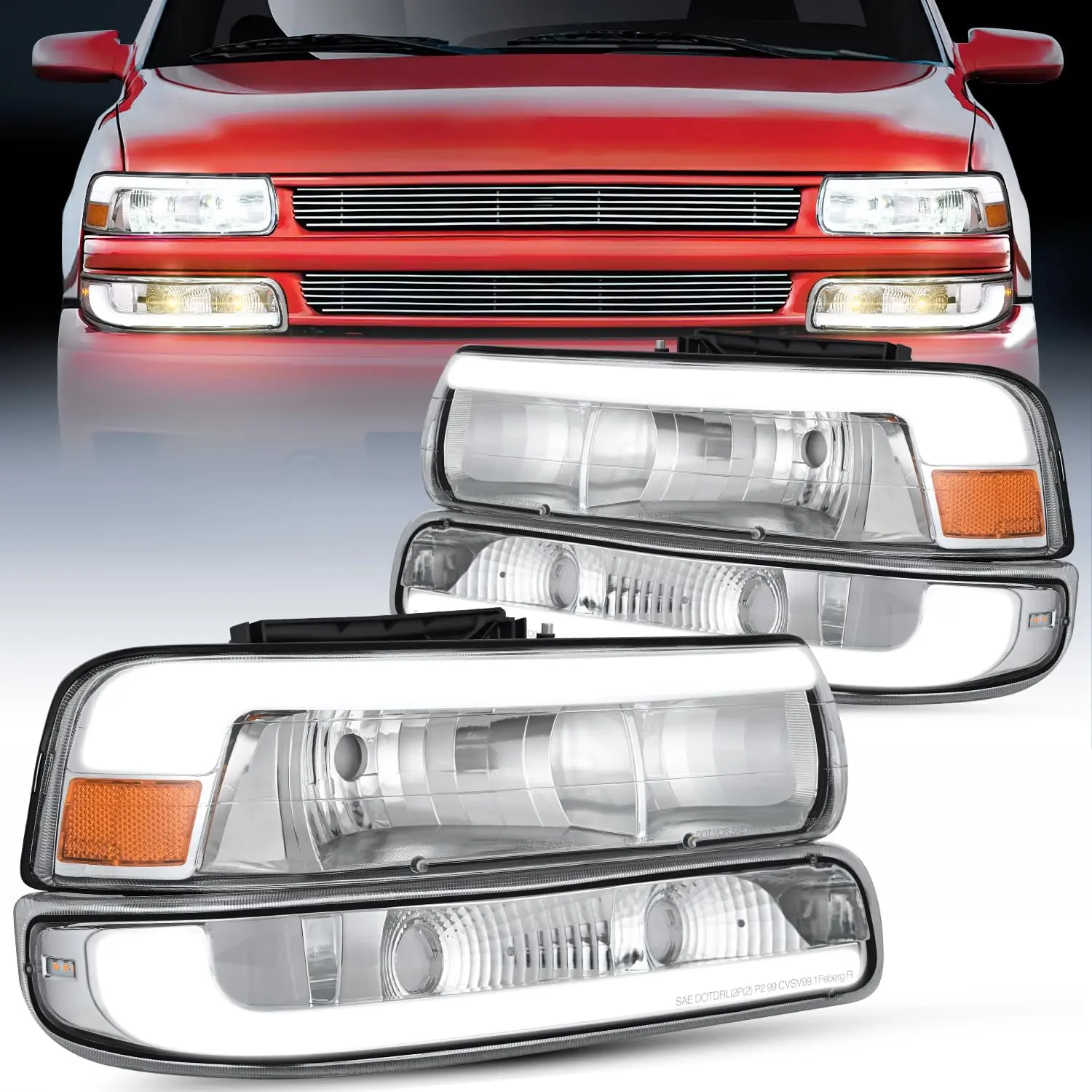 Nilight LED DRL Headlamps Assembly - Waterproof Truck Headlight Replacement for 1999-2002 Chevy Silverado 1500/1500HD/2500/2500HD/3500, Chevrolet Tahoe/Suburban, with Clean Lens, Chrome Housing, Low Beam Bulb, LED Front & Signal Bumper Lights Set, Led Fro