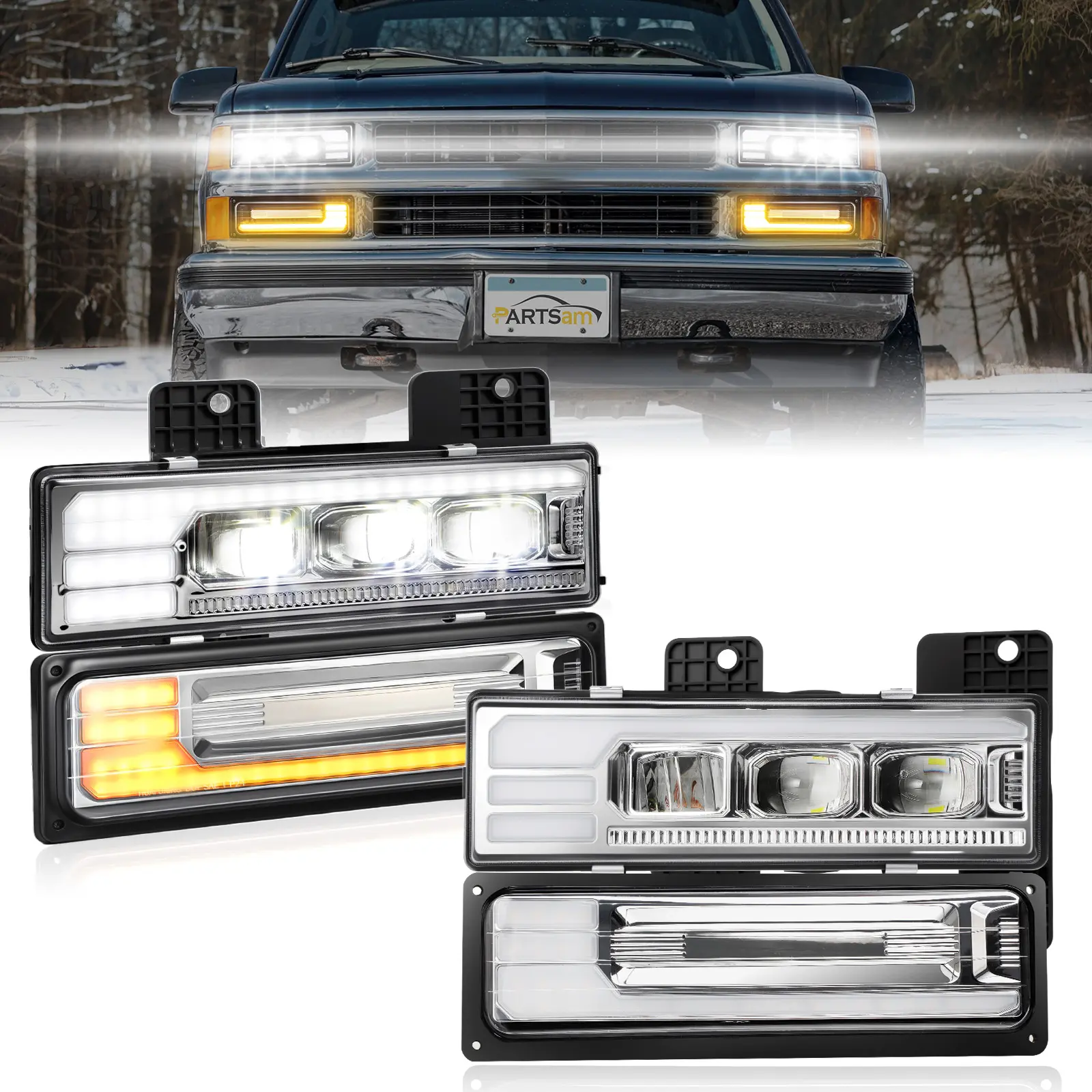 Partsam LED Headlights Assembly DOT Approved with DRL Sequential Turn Signal High/Low Beam Start Animation Lights Chrome Replacement for OBS Truck Silverado C/K 1500/2500/3500 88-98, 6500K 12V IP67