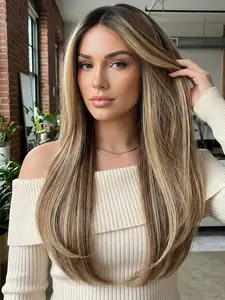 28 Inch Long Straight Synthetic Lace Front Wigs for Women, Ombre Blonde Highlights Balayage Hair, Heat Resistant Fiber, Glueless Invisible Lace, 150% Density Full Ends, 28inch Money Piece Goddess Hair, Daily Party Use, TikTok Viral Fashion Look.
