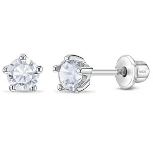 Classic CZ Birthstone Solitaire 4mm Baby / Toddler / Kids Earrings Screw Back - Sterling Silver