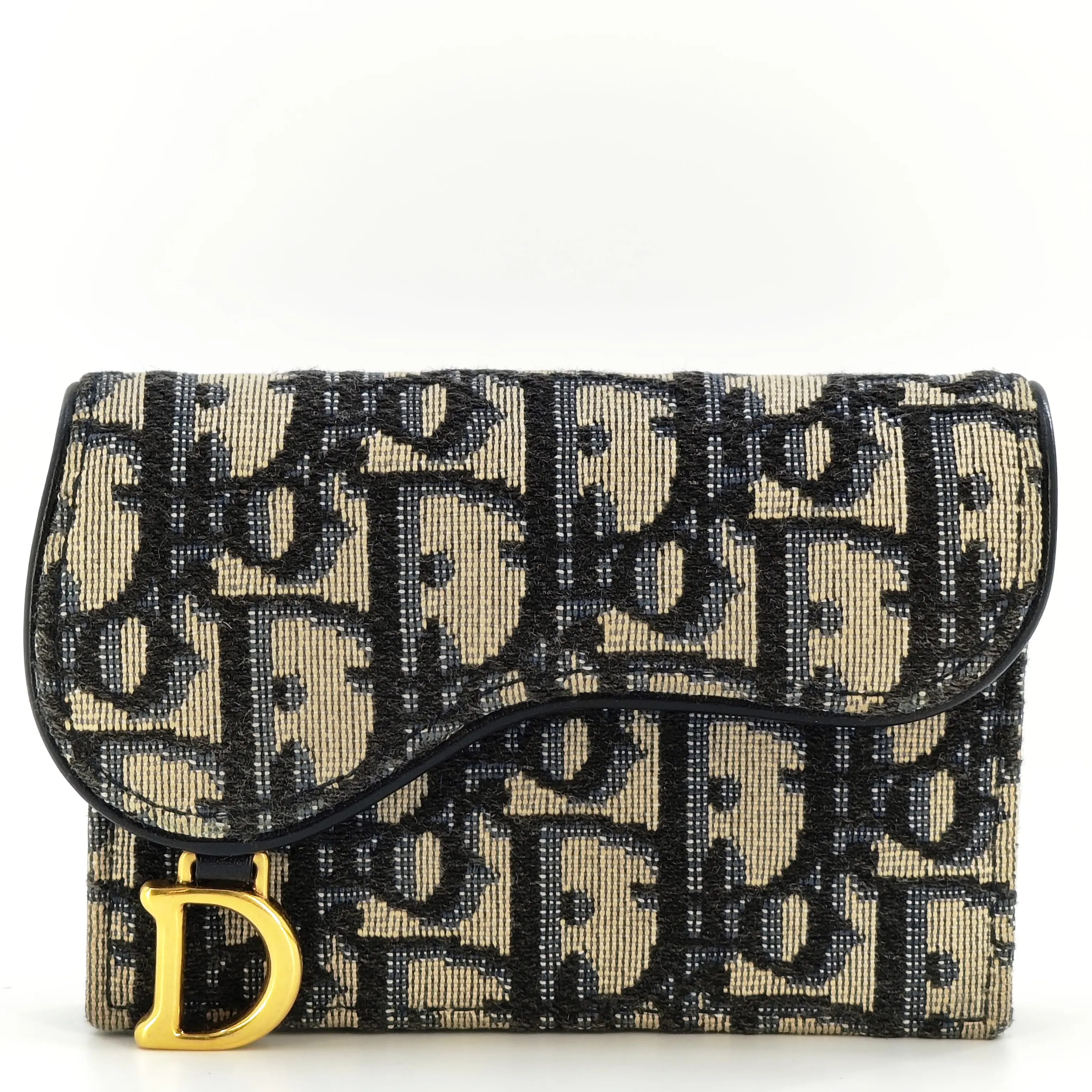 Pre-owned Dior Canvas Small Leather Goods Blue Oblique Saddle Card Holder Wallet JQ0022 NO1