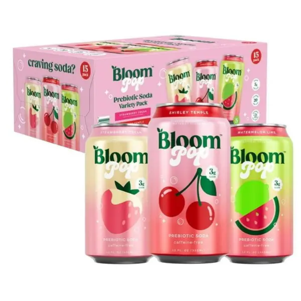 Bloom Pop Prebiotic Soda Variety Pack – 15 Cans (12 fl oz Each), Sparkling Prebiotic Soft Drink, Variety Flavors, Better-For-You Refreshment