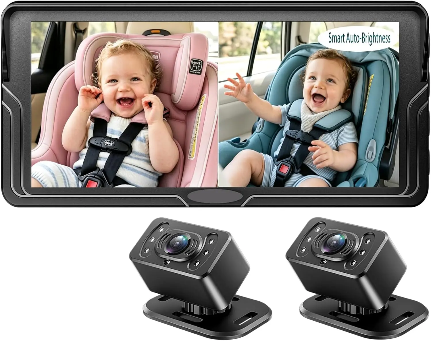 Dual Baby Car Camera for 2 Kids - 6.86 Inch IPS AHD 1080P Split Screen Monitor with 2 Backseat Cameras, Cigarette Lighter & USB Powered, IR Night Vision, 360 Rotatable, Double Rear-Facing Mirror