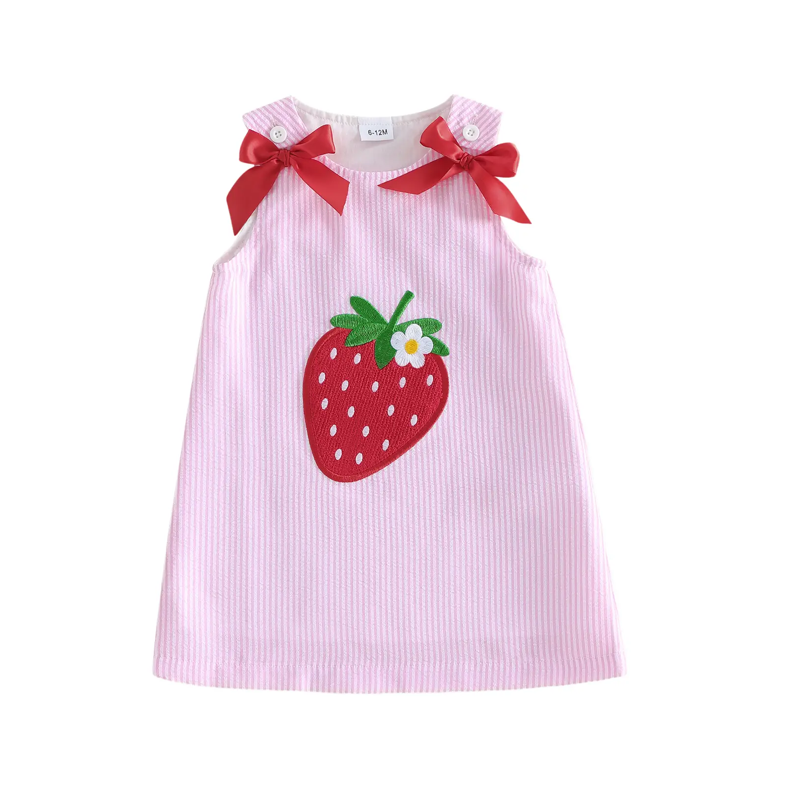 Toddler Girls' Sleeveless Round Neck Lullaby Summer Dress, Fruit Print Strawberry Embroidery, Cute Look Polyester Clothes, Girls' Size Single Dress, Fruit Print Dress