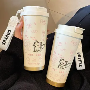 Adorable Cat Thermos Cup, 530ML Straw & Lid Set, Stainless Steel Vacuum Insulated Travel Mug, Ideal for Hot/cold Drinks, Office & Outdoor Use