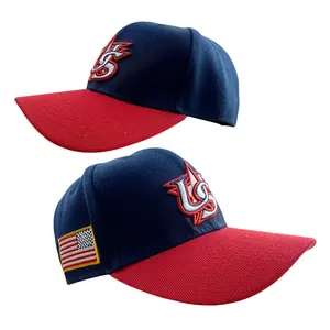 Two-Tone Flat Bill Baseball Cap, Navy & Red Embroidered Snapback Hat with US Flag Patch, Casual Streetwear Hat