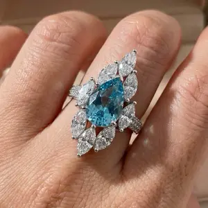 4ct Pear-Cut Aquamarine Ring | Teardrop Blue Stone Halo Ring | Marquise Cluster CZ Statement Ring | 925 Silver Vintage Cocktail Ring