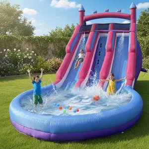 Dual-track Inflatable Water Slide Backyard with  Blower, Splash Pool & ,Summer Outdoor Water Park Fun for Kids & Adults outdoorfun