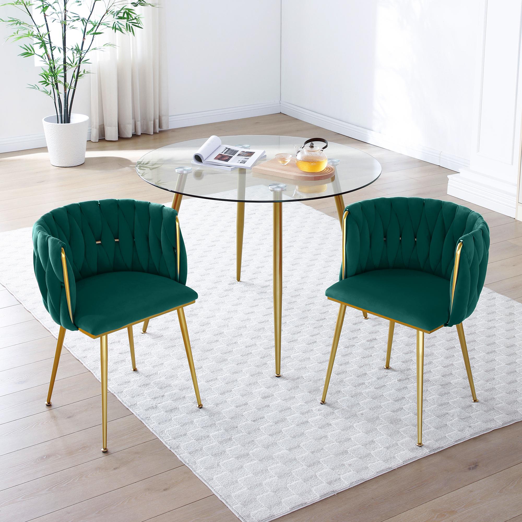 Eyisean 28" H Velvet Modern Dining Chairs Set of 2, Luxury Upholstered Side Chair with Curved Woven Backrest, Durable Accent Chair with Golden Metal Legs, Easy Assembly for Dining Room, Kitchen, Living Room