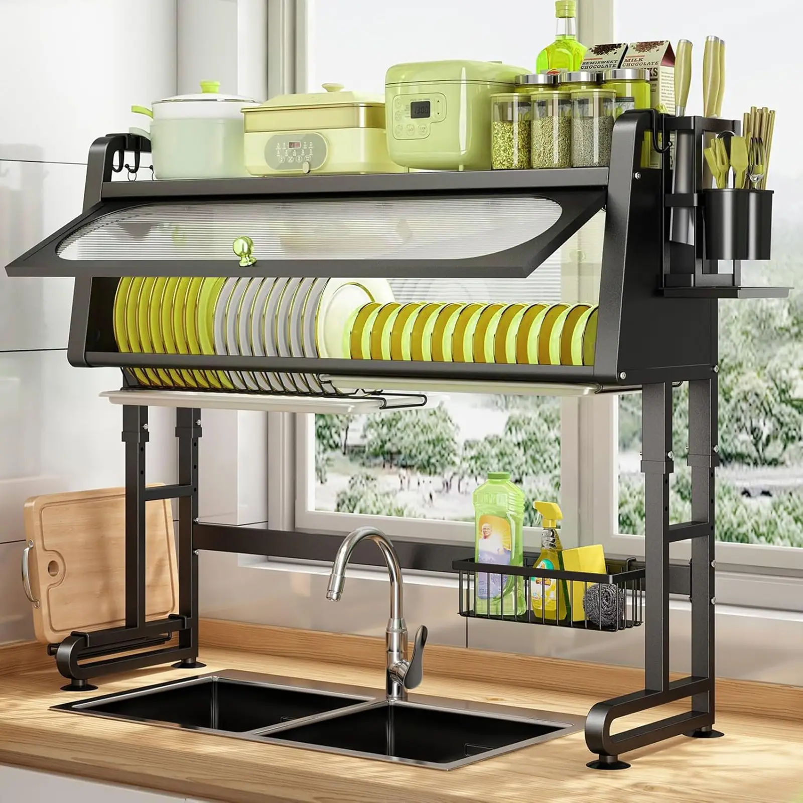 Dish Drying Rack, Over The Sink Metal Dish Drainer Drying Rack Over The Counter Adjustable Dish Rack 3 Tier Large Kitchen Sink Shelf with Cover (28.34