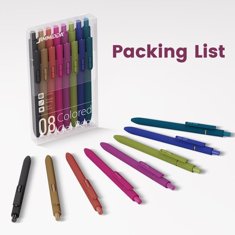Colorful Gel Pens - 8 Pcs Colored Ink Pens Coloring | 0.7MM Smooth Writing Medium Point - Quick Drying Retractable Colored Pen for Journaling Note Taking