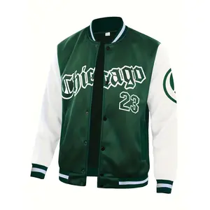 Chicago Men's Casual Letter Print Color Block Varsity Jacket with Baseball Collar Knit Fabric Long Sleeve Crimson Coats Tops Cool Dry Compression Workout Shirt athletic style activewear muscle perfect hoodie sporty short sleeve t-shirt