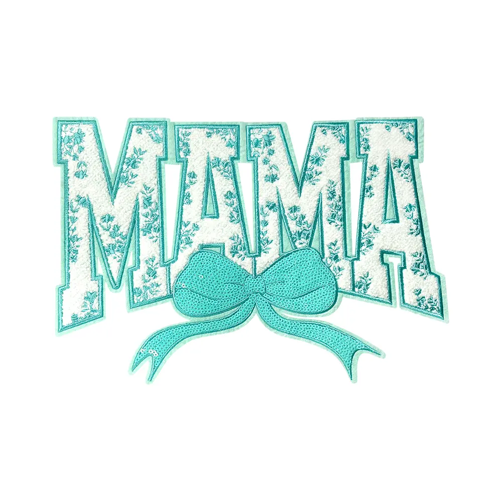 Chenille Fabric Iron-On Patches - MAMA Bow Embroidered Sequin Applique with Glitter Edge, 7.2" x 10.7", Easy Iron-On for Quick Style Upgrades, Great for Jackets, Bags, Totes & Personalizing Backpacks, Green