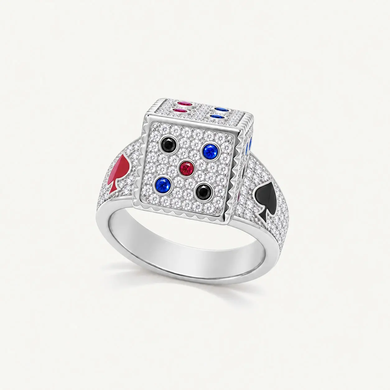AUMPEX Original The Victory Roller Iced Out Dice Poker Ring, Hand Set Moissanite & Colored Gemstone, Enamel Poker Suit Details, S925 Silver Heavy Gold Plated Unisex Hip Hop Streetwear Statement Jewelry