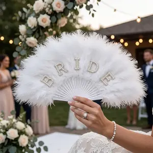 1Pc Non-Foldable Pearl Artificial Feather Fan, Bride Simulation Fake Feather Fan, Single Women's Decorative Party Decoration, Photo Props for Wedding, Bachelorette Party, Bride Accessories, Hand Fan