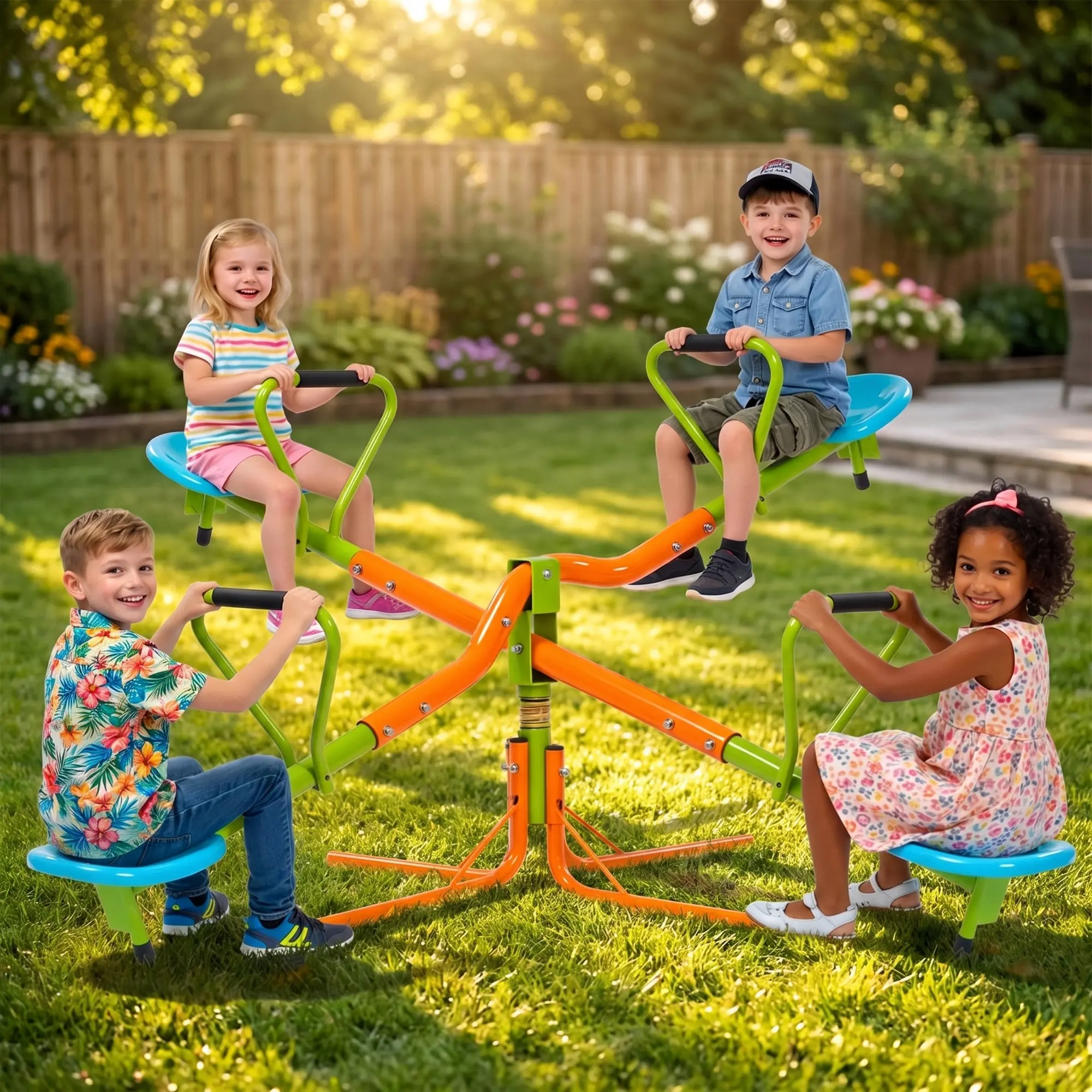 4-Seat Spinning Teeter Totter for Kids – Heavy-Duty Steel Outdoor Seesaw with Safety Handles, Rust-Proof Finish, Develops Balance & Coordination