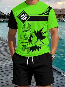Men's Bright Green Wrench Workwear Printed Short Sleeve Two-piece Set, 3D Digital Printing 2Pcs Outfit, Trendy Retro Casual Suit, Stylish Vacation Wear, Breathable Sports Casual Style, Ideal Festival Gift for Men