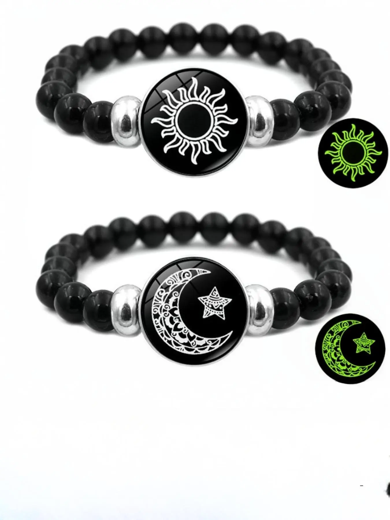 Luminous Sun Moon Star Matching Couple Bracelets, 2Pcs Black Round Beaded Stretch Bracelet Glow in Dark Time Gem Charm Bracelet Gothic Jewelry Gift for Women Men Lover Friendship