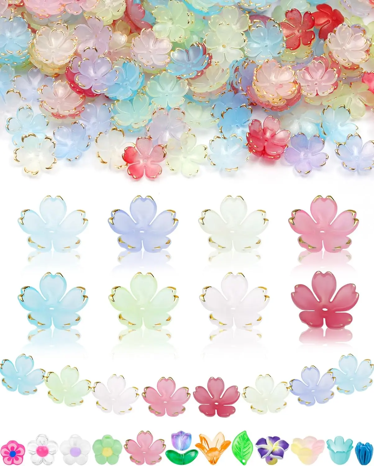 FIVEIZERO Flower Charms, 300Pcs 8 Colors Acrylic Cherry Blossom Beads | Sakura Floral Bead Caps, Acrylic Floral Beads, Perfect for Bracelets, Necklaces & DIY Jewelry Making